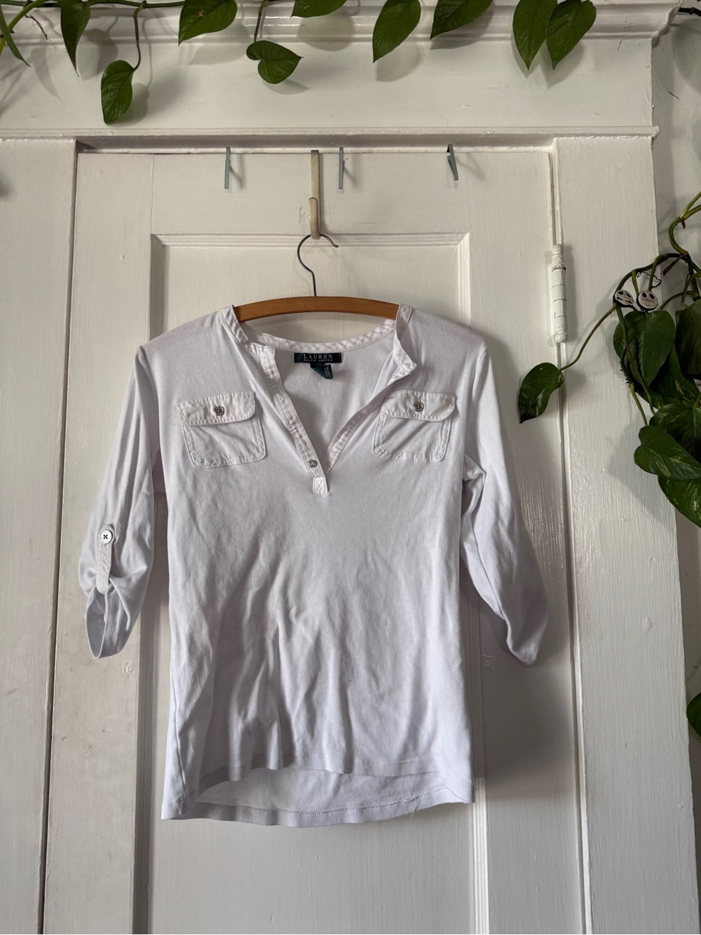 Ralph Lauren White Henley Button-Tab Sleeve Shirt